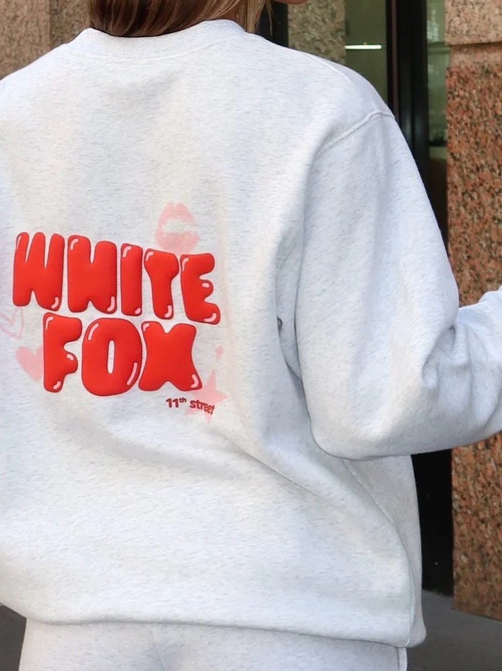 White Fox Boutique Light Gray Crewneck Sweatshirt with Red Logo